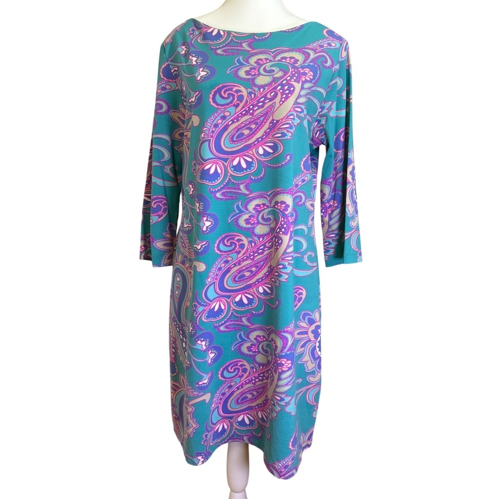 Britt by Britt Ryan Paisley Shift Dress Womens XL Turquoise 3/4 Sleeve Mod